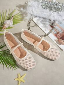 Women's Summer Hollow Mesh Square Toe Mary Jane Flat Shoes, Breathable Ballet Shoes With Thin Straps, Fashionable Versatile Daily Commute Walking Dating Office Shopping Vacation Beach Apartment Shoes, Mother's Day Gift - Beige - View 2