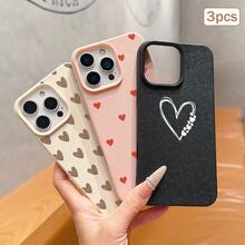 3pcs Heart Print Faux Leather Texture Anti-Drop Anti-Scratch Anti-Slip Phone Case Set, Kawaii Heart Aesthetic Design (Red Mini Heart, Beige Gradient Heart, White Line Heart), Compatible With IPhone 11/12/13/14/15/16/16 Plus/17/17 Pro/17 Pro Max/16e & Galaxy S24 Ultra/S25 Ultra/A06 - Multicolor - View 3