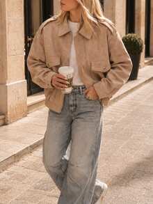 Middle-Aged Women Camel Faux Suede Lapel Jacket, Loose Drop Shoulder Short Casual Spring/Autumn Versatile Top - Camel - View 8
