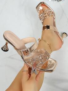 Women's High Heel Slippers, Kitten Heels, Summer New Rhinestone Square Toe Open Toe High Heel Sandals, Shoe, Mirror Rhinestone Slide Sandals, Date - Gold - View 1