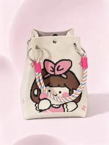 Bolso Tote de Cubo de Punto para Mujer, Niña de Dibujos Animados con Anillos de Metal & Asas de Cuerda Colorida, Cierre de Broche, Portátil Dulce Casual para Niñas Primavera Uso Diario - Beis - Ver 3