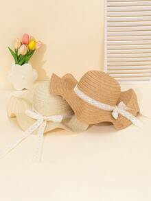 2pcs/1pc Summer Wide Brim Lace Straw Hat For Women, Simple Fashion Lace Ribbon Beach Vacation Sun Protection Hat - Straw Hat - View 5