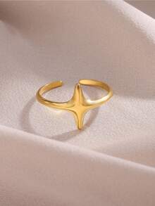 1Pc Smooth Cross Star Open Rings, 18K Gold Plated Stainless Steel Ring, Minimalist Women Jewelry For Daily Holiday Gift - Multicolor - View 4