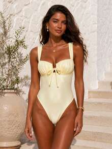 Sexy Ruched One-Piece Swimsuit, Elegant Wide Strap, Heart-Shaped Neckline, Bow Detail, High Cut, 2026 Summer Women's Vacation Fashion Swimwear Beachwear - Light Yellow - View 5