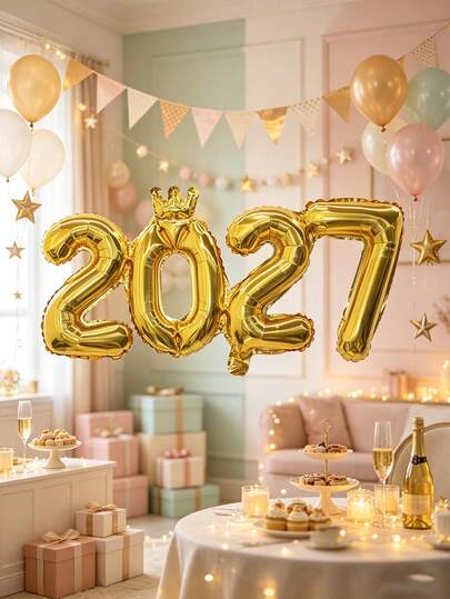 1pc Gold Crown 2027 Number Foil Balloon, New Year Christmas Party Decoration Party Supplies