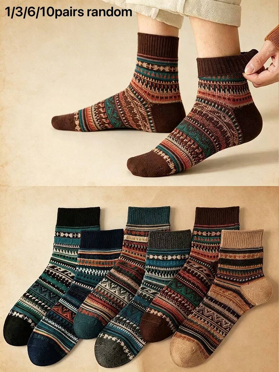 6 Pairs Men's Mid-Calf Socks, Retro Long Socks, American Patterned Socks For Boots, Autumn/Winter - Multicolor - View 1