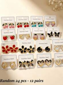 24/18/12pcs Elegant Stainless Steel Enamel Drip Earrings, Stainless Steel Material, Styles Include Fruit, Heart, Flower And Heart Designs. Elegant Daily Wear Earrings, Ideal Valentine's Day Gift. Suitable For Girlfriend, Suitable For Any Occasion (Randomly Shipped) - Oil Dripping Kit - View 8