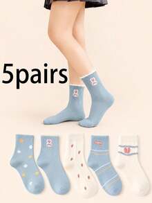 5 Pasang Kaos Kaki Kasual Wanita Setinggi Betis dengan Motif Kartun Lucu, Gaya Kampus yang Feminin - MultiWarna - View 1