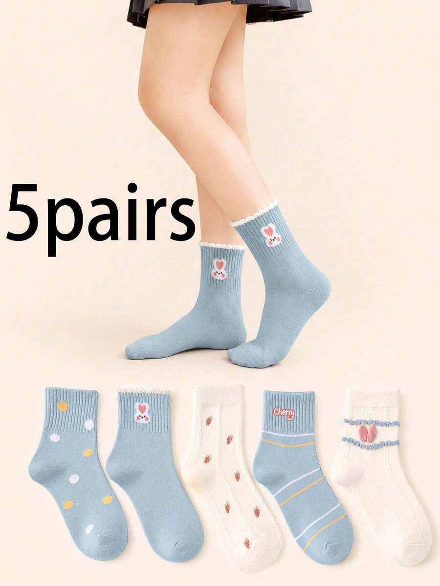 5 Pasang Kaos Kaki Kasual Wanita Setinggi Betis dengan Motif Kartun Lucu, Gaya Kampus yang Feminin - MultiWarna - View 1