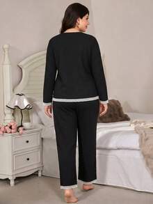 Women's Lace Trim Pajama Set, Textured 2 Pieces Set, Spring/Autumn - Black - View 2