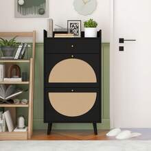 Rattan-Look Shoe Cabinet / Large Spacious Shoe Cabinet / Two-Tier Shelves / Easy To Clean / Load Capacity: Approx. 10 Kg / Suitable For Living Room, Entrance, Hallway - Black - View 2