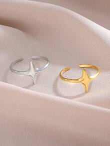 1Pc Smooth Cross Star Open Rings, 18K Gold Plated Stainless Steel Ring, Minimalist Women Jewelry For Daily Holiday Gift - Multicolor - View 3