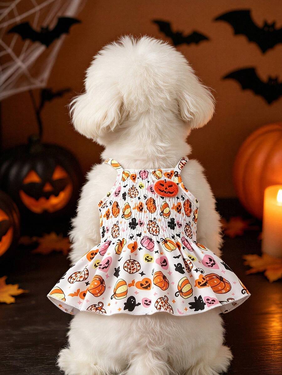 萬聖節毛巾刺繡南瓜寵物吊帶裙,南瓜幽靈滿版印花縮褶下擺狗貓節日套裝 - 彩色 - 查看 1