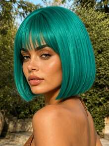 Women's 12 Inch Short Bob Wig, Synthetic Blue-Green Color, With Bangs, Glueless Bob Wig, Fashionable Elegant Versatile, Suitable For All Women Daily Wear, Party, Cosplay,Halloween - Cyan - View 2