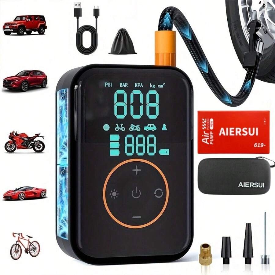 Portable Tire Inflator Pump - Rapid Air Compressor Suitable For Car Tires, With Digital Pressure Gauge/LED Light. Portable Tire Inflator Pump Applicable For Cars, Motorcycles, Bicycles, Inflatables, Etc. 2000mAh 7.4V/DC12V
