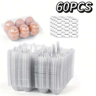 SHINDEL 60PCS Plastic Egg Cartons, 6-Cavity Bulk Clear Plastic Egg Holders With 4 Labels Sticker, For Home Ranch Chicken Farm Commercial Market Display, Perfect For Father'S Day Gift, Birthday Party, Family Gatherings, Kitchen Storage, Refrigerator Egg Rack