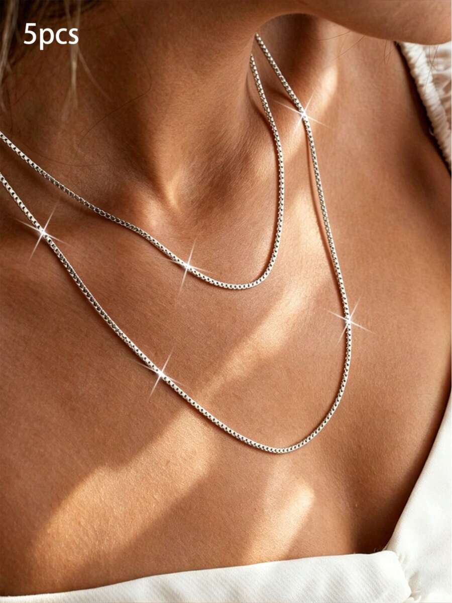 5pcs 2mm Silver Square Box Necklace Chain, Stainless Steel Hypoallergenic Durable Material, Elegant Jewelry Chain Suitable For DIY Accessories, Minimalist Charm Necklace For Men And Women, Suitable For All Seasons. Perfect For Daily Outings, Gatherings, And Parties. - Steel - View 1