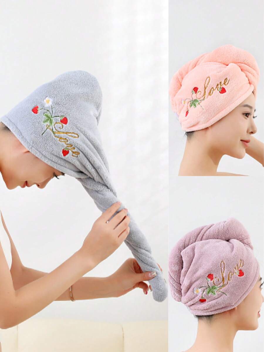 1/2/3 Peças Touca de Secagem de Cabelo, Lenço de Fibra de Poliéster, Padrão Floral e de Morango, Secagem Rápida e Absorvente, Adequado para Todas as Estações, Perfeito para Banheiro, Viagem, Escola, Presentes de Feriado, Toalha de Secagem de Cabelo Doméstica Feminina - Multicolorido - Visão 1