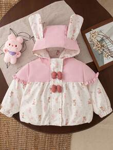 Autumn/Winter Cute Baby Girl Jacket With Rabbit Ears Hood, Bowknot And Bear Design, Outdoor Jacket - Multicolor - View 1