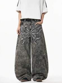 1 pieza Jeans holgados de pierna ancha con bordado de "Hermano de la Justicia" para hombre - Negro - Ver 3