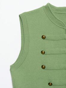 Women's Green Short Military Style Double-Breasted Knit Sleeveless Top, Fashionable Unique Camisole - Green - View 1
