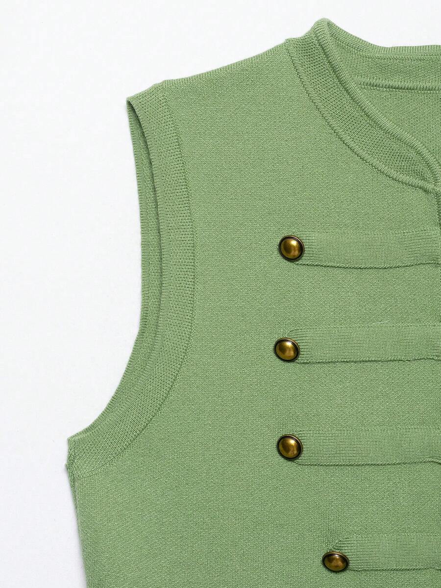 Women's Green Short Military Style Double-Breasted Knit Sleeveless Top, Fashionable Unique Camisole - Green - View 1