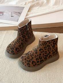 1 Pair Kids' Maillard Leopard Print Short Chelsea Boots With Inner Zipper Easy On/Off, Casual Boots To Pair With Denim Jacket - Brown - View 1