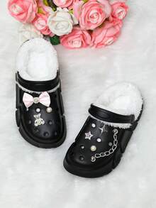 HOEASE Girls' Winter Plush Lined Garden Clogs, EVA Indoor Slippers, Slip-On Design, Comfortable Fabric Material, Ideal Gift For Halloween And Christmas - Black - View 2