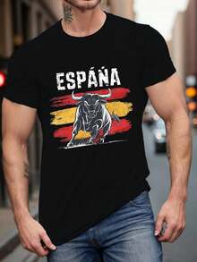 Camiseta de hombre con estampado de la bandera española y un toro - Camiseta casual transpirable, temática de toro español, lavable a máquina, cuello redondo, tallas grandes para uso casual - Negro - Ver 7