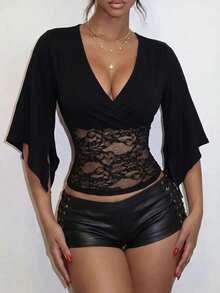 Women's Sexy Deep V-Neck Slim Fit Vintage Knit T-Shirt - Negro 2 - View 1