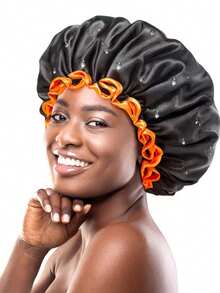 1pc Extra Large Women's Black & White Shower Cap, Double Layer PEVA Hair Cap, Shower Accessories - View 1