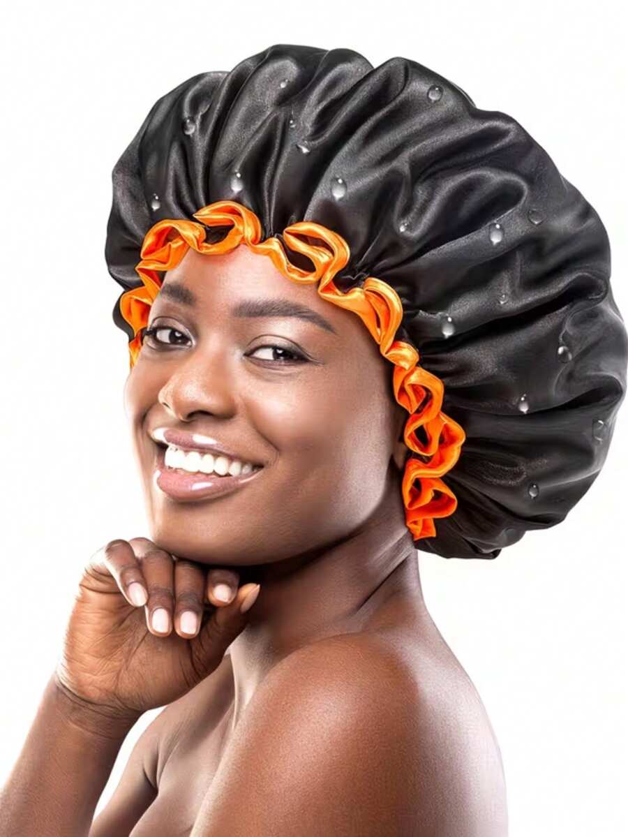 1pc Extra Large Women's Black & White Shower Cap, Double Layer PEVA Hair Cap, Shower Accessories - View 1