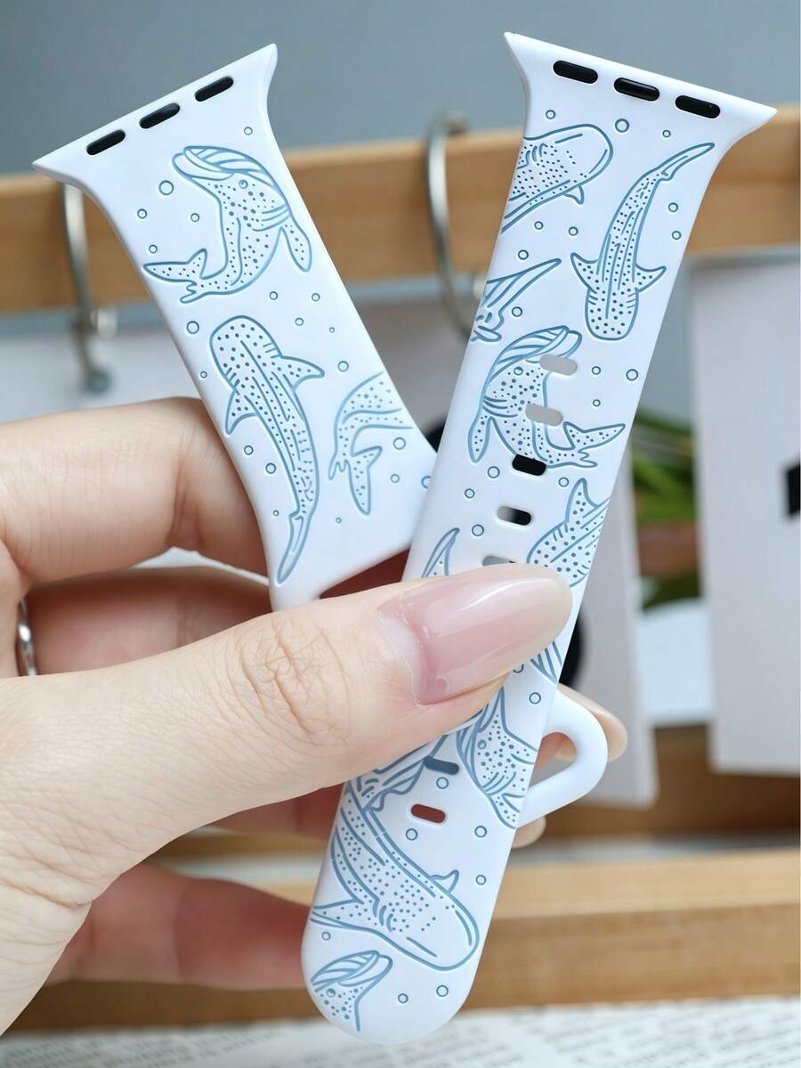 1件女款小眾時尚海洋風配件，海洋生物雕刻軟矽膠運動替換錶帶，兼容 38/40/41/42/44/45/46/49mm 所有尺寸 (S10/11 42mm/46mm)，兼容 Ultra2/Ultra/SE2/SE、1~10 代及 11，適合日常通勤與度假穿搭 - 白 藍 - 查看 1