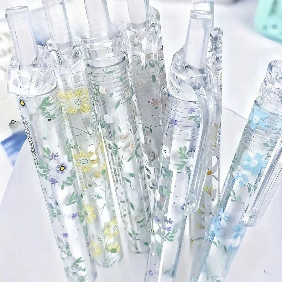 12支可伸縮凝膠墨水筆，0.5mm，快乾黑色替芯，花卉設計，舒適握感，14cm長，書寫順滑輕盈，字跡清晰美觀，適合日記本與辦公文具 - A - 查看 1