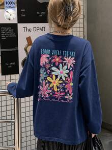 Women's Loose Fit Japanese Cat Print Long Sleeve T-Shirt, Versatile For Spring And Autumn Casual - Navy Blue - View 4