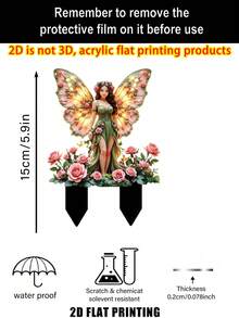 1pc 2D Flat Outdoor Acrylic Stake, Designed For Soil And Potted Plants, Depicting A Fairy In Roses, Perfect For Enhancing Garden As Decorative Pot Ornament, Ideal For Outdoor Yard Decor - Fairy Wing Garden Stake - View 4