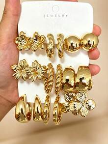 9 Pairs Gold Earring Set, Floral Hammered Twisted C-Hoop, Suitable For Commute, Date, Vacation, All-Match, One Card For All Styles - Gold - View 7