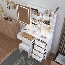 31.5" White Vanity Desk With LED Lighted Sliding Mirror & Stool, Makeup Vanity Table With 7 Drawers, Open/Hidden Shelves & 3 Color Dimmable Lights, Dressing Table With Hutch For Bedroom - White - View 5