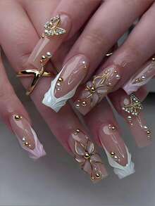 12pcs Long Square 3D Gel Press-On Nails, Pearl Decor, Includes Floral And French Styles, Perfect Fit For Fingertips - Multicolor - View 2