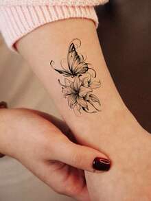 10pcs Flower Tattoo Stickers, Waterproof Women's Temporary Tattoos For Hand And Body Decoration, Butterfly, Floral Fake Tattoo For Women And Men, Small Hand Tattoo - Black - View 3