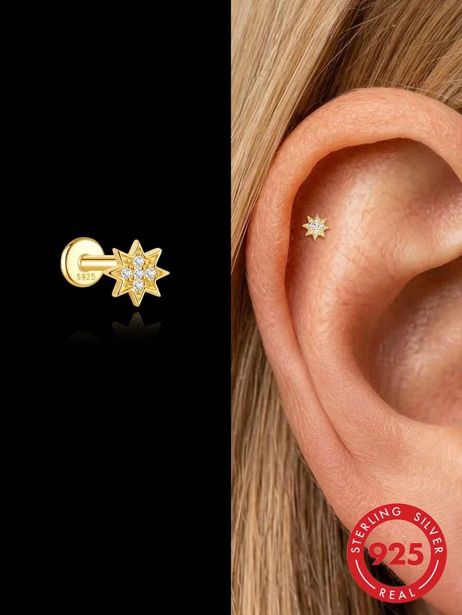 1Pc 925 Sterling Silver Earrings For Women Classic Hypoallergenic Star Stud Earring Flat Back Helix Cartilage For Daily Wear Wedding Engagement - Gold - View 1