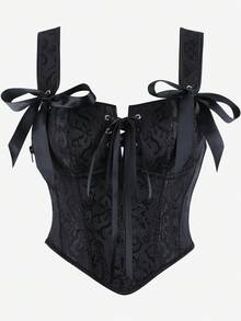 Black Jacquard Strap Corset Bustier Top Ribbon Bow Decor Lace-Up Front Boned Waist Trainer, Side Zipper Slim Versatile Shapewear Halloween - Black - View 1