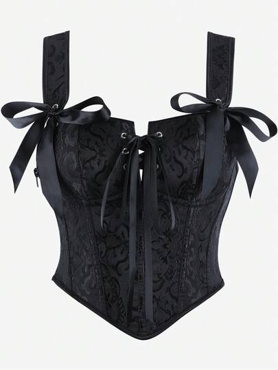 Black Jacquard Strap Corset Bustier Top Ribbon Bow Decor Lace-Up Front Boned Waist Trainer, Side Zipper Slim Versatile Shapewear Halloween