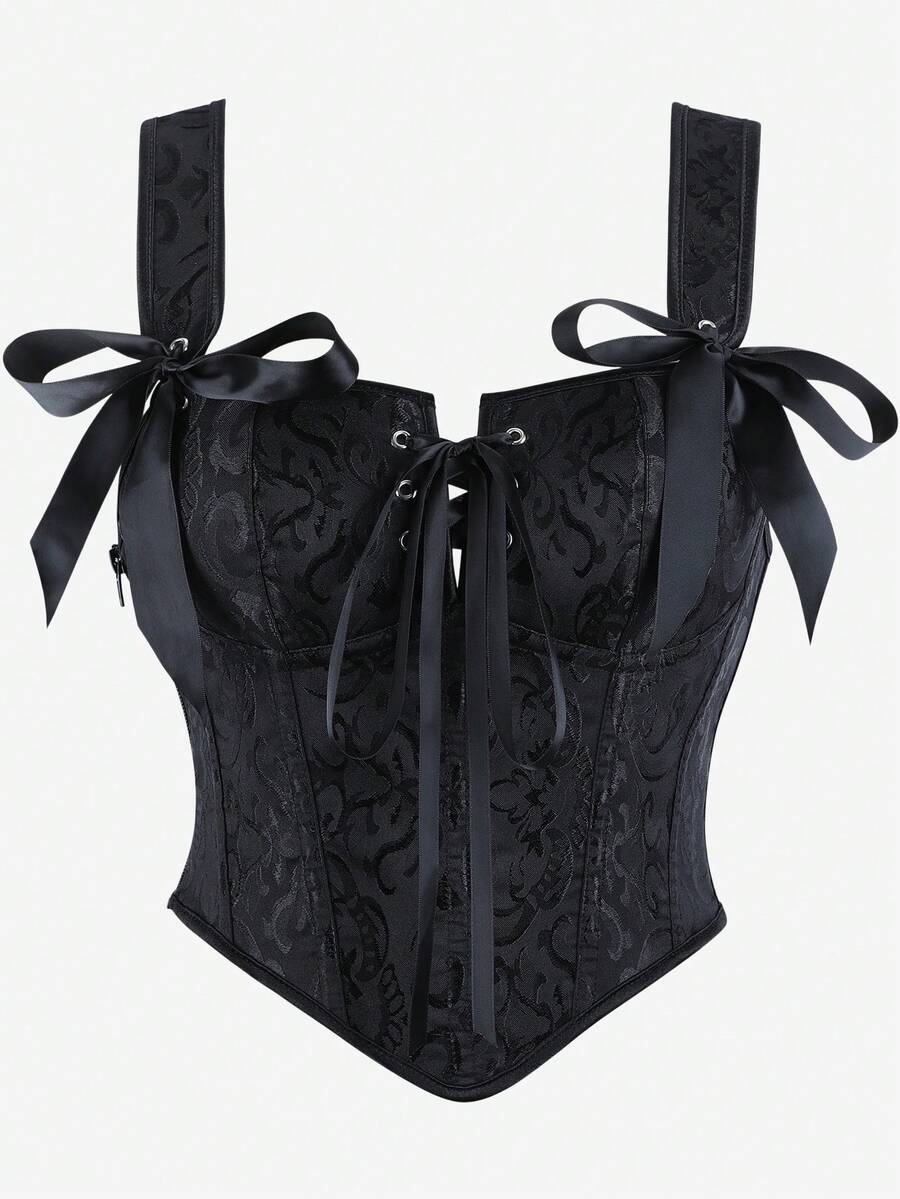 Black Jacquard Strap Corset Bustier Top Ribbon Bow Decor Lace-Up Front Boned Waist Trainer, Side Zipper Slim Versatile Shapewear Halloween - Black - View 1