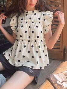 Sweet Polka Dot Cap Sleeve Blouse, Summer Unique Design Frill Trim Loose Casual Top For Women - Apricot - View 6