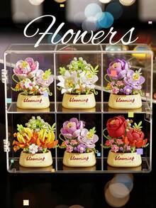 12pcs Micro Particle Flower Potted Building Blocks, Mini Particle Assembly, ABS Material, Suitable For Children 6+ Years Old, Develop Hands-On Ability, Can Be Desktop Decor, Window Display Collection, Holiday Small Gift, Gift Box Packaging - Multicolor - View 4