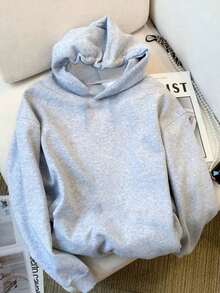 Korean Style Relaxed Fit Light Gray Plain Hooded Sweatshirt, Women's Spring/Autumn Loose Long Drop Shoulder Top, Minimalist Niche Casual Lazy Pullover - Light Grey - View 3