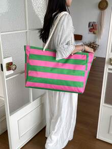 女款海灘包 大容量防水海灘托特包 附拉鍊 防水防沙泳池包 大號托特包（隨機花色） - 綠色 - 查看 4