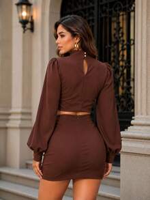 Women's Tailored Set Cropped Long Puff Sleeve And Short Skirt Elegant Party Fashion Autumn Winter - 鏽棕色 - 查看 3
