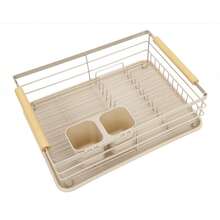 Dish Drying Rack With Drain Tray & Cutlery Holder | Metal Kitchen Dish Rack With Wooden Handles | Black / White / Grey / Beige - View 3